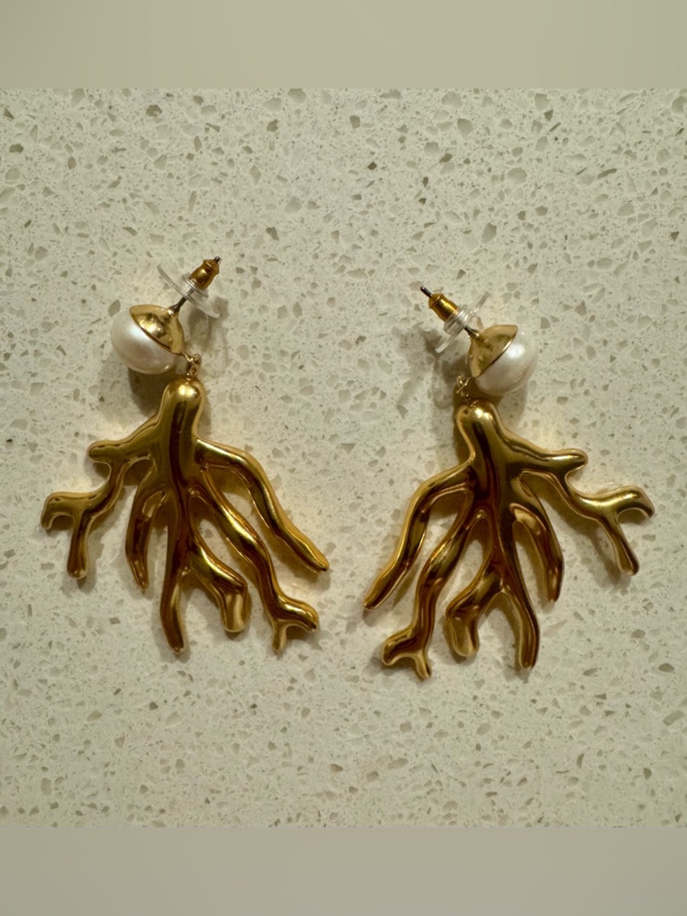 NWOT J. Crew Gold Coral Branch Drop Earrings with Pearl Accent - Women Jewelry